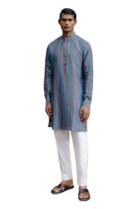 Buy_Drishti & Zahabia_Blue , Satin, Silk Stripe Print Kurta With Pant _Online_at_Aza_Fashions