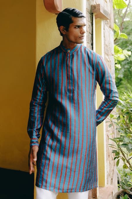 Shop_Drishti & Zahabia_Blue , Satin, Silk Stripe Print Kurta With Pant _Online_at_Aza_Fashions