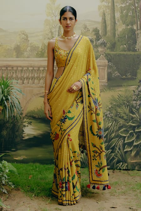 Drishti & Zahabia Yellow Blouse Dupion Silk Hand Embroidered Aari Kalamkari Print Saree With 