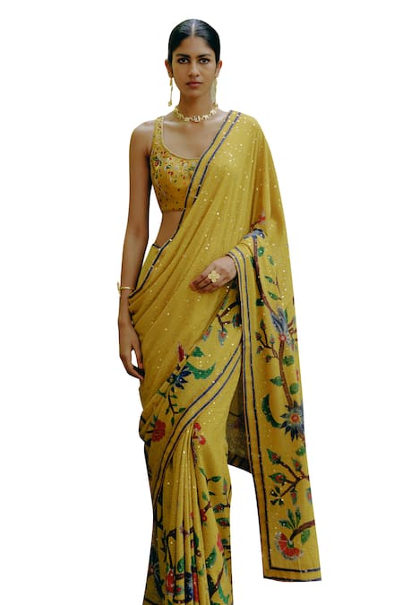 Drishti & Zahabia_Yellow Silk, Georgette Sequins, Embroidery Kalamkari Print Saree With Blouse _Online_at_Aza_Fashions