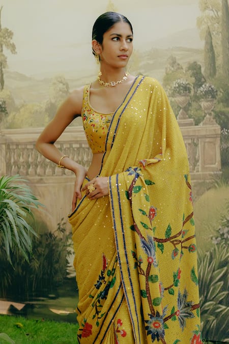 Buy_Drishti & Zahabia_Yellow Silk, Georgette Sequins, Embroidery Kalamkari Print Saree With Blouse _Online_at_Aza_Fashions