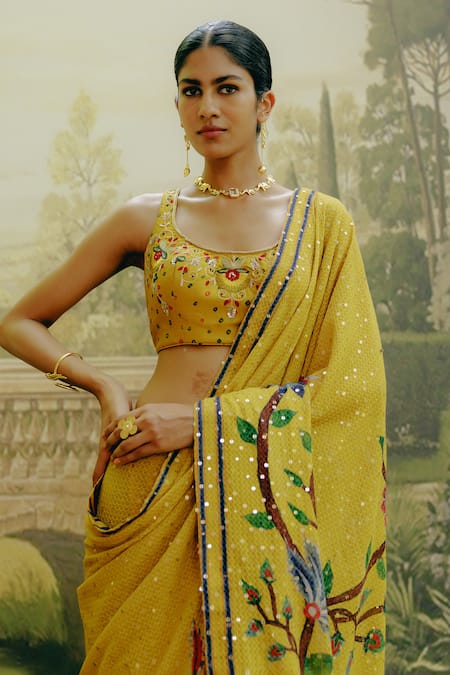 Shop_Drishti & Zahabia_Yellow Silk, Georgette Sequins, Embroidery Kalamkari Print Saree With Blouse _Online_at_Aza_Fashions
