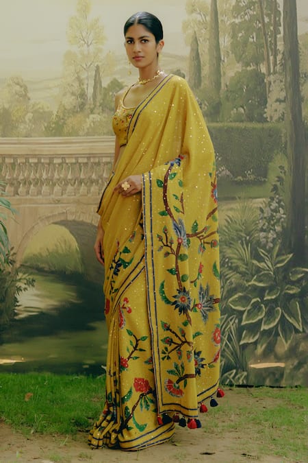 Drishti & Zahabia_Yellow Silk, Georgette Sequins, Embroidery Kalamkari Print Saree With Blouse _at_Aza_Fashions
