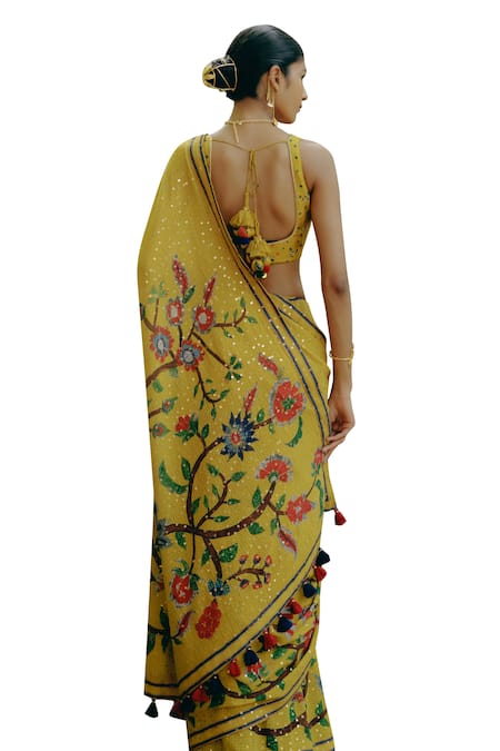 Buy_Drishti & Zahabia_Yellow Silk, Georgette Sequins, Embroidery Kalamkari Print Saree With Blouse 