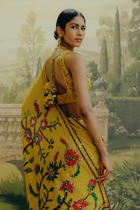 Shop_Drishti & Zahabia_Yellow Silk, Georgette Sequins, Embroidery Kalamkari Print Saree With Blouse 