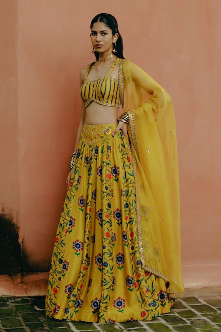 Drishti & Zahabia_Yellow Silk, Organza, Cotton Sequins, Kalamkari Print Lehenga Blouse Set _Online_at_Aza_Fashions