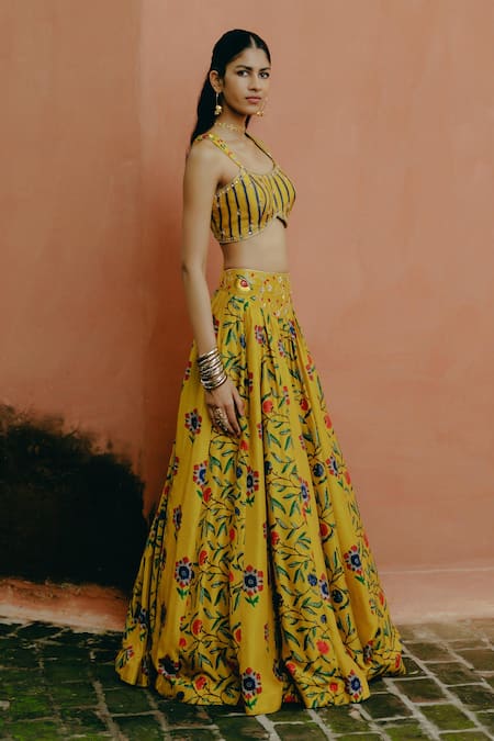 Buy_Drishti & Zahabia_Yellow Silk, Organza, Cotton Sequins, Kalamkari Print Lehenga Blouse Set _Online_at_Aza_Fashions
