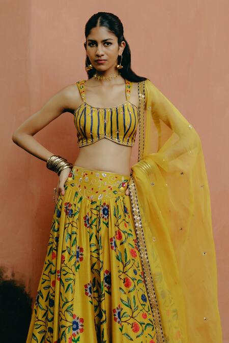 Drishti & Zahabia_Yellow Silk, Organza, Cotton Sequins, Kalamkari Print Lehenga Blouse Set _at_Aza_Fashions