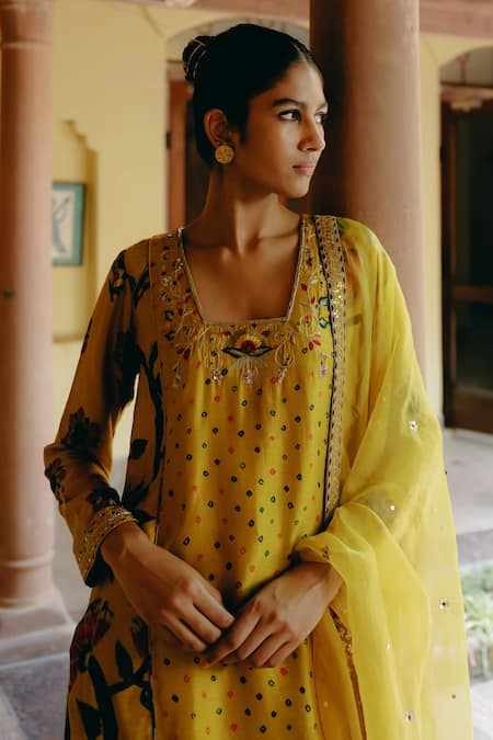 Shop_Drishti & Zahabia_Yellow Silk, Organza, Crepe Sequins, Zari Square Kalamkari Print Kurta Pant Set _Online_at_Aza_Fashions