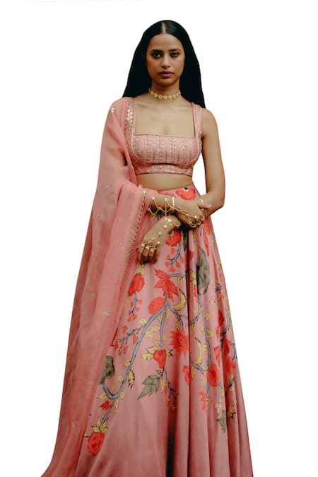 Shop_Drishti & Zahabia_Pink Silk, Organza Sequins, Zari, Embroidery Square Kalamkari Print Lehenga Set _Online_at_Aza_Fashions