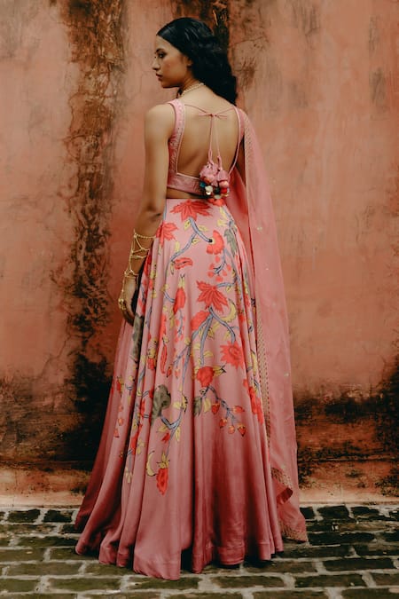 Drishti & Zahabia_Pink Silk, Organza Sequins, Zari, Embroidery Square Kalamkari Print Lehenga Set _at_Aza_Fashions