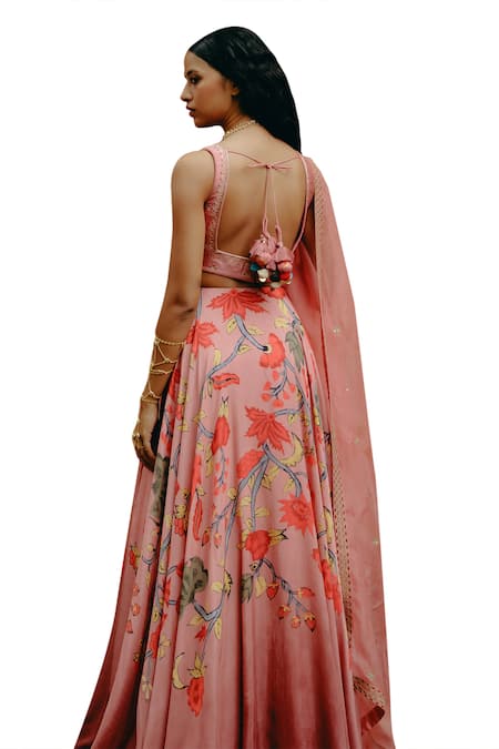 Buy_Drishti & Zahabia_Pink Silk, Organza Sequins, Zari, Embroidery Square Kalamkari Print Lehenga Set 
