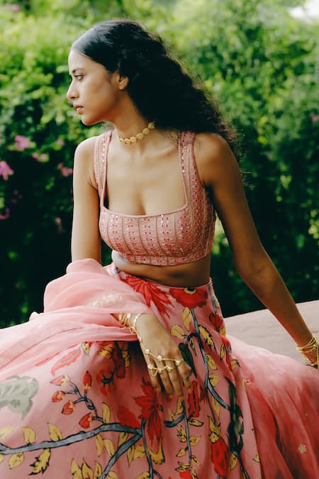 Shop_Drishti & Zahabia_Pink Silk, Organza Sequins, Zari, Embroidery Square Kalamkari Print Lehenga Set 