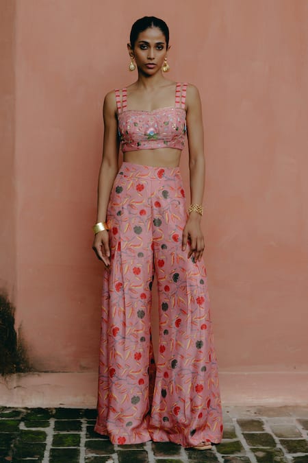 Drishti & Zahabia Hand Embroidered Crop Top With Palazzo 