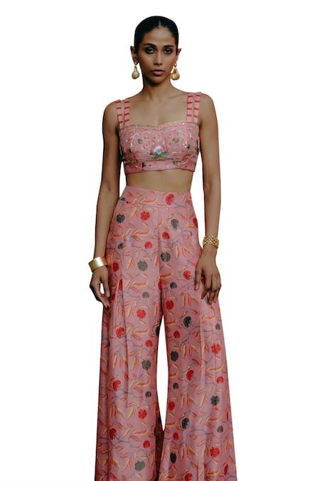 Drishti & Zahabia_Pink Silk, Crepe Embroidery Sweetheart Neck Hand Crop Top With Palazzo _Online_at_Aza_Fashions