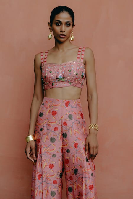 Shop_Drishti & Zahabia_Pink Silk, Crepe Embroidery Sweetheart Neck Hand Crop Top With Palazzo _Online_at_Aza_Fashions
