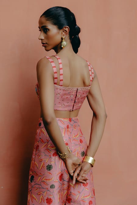 Buy_Drishti & Zahabia_Pink Silk, Crepe Embroidery Sweetheart Neck Hand Crop Top With Palazzo 