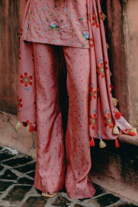 Drishti & Zahabia_Pink Silk, Crepe Sequins, Tassels Bandeau Neck Kalamkari Print Tube Tunic Set _Online_at_Aza_Fashions