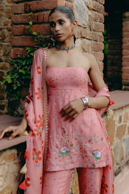 Buy_Drishti & Zahabia_Pink Silk, Crepe Sequins, Tassels Bandeau Neck Kalamkari Print Tube Tunic Set _Online_at_Aza_Fashions