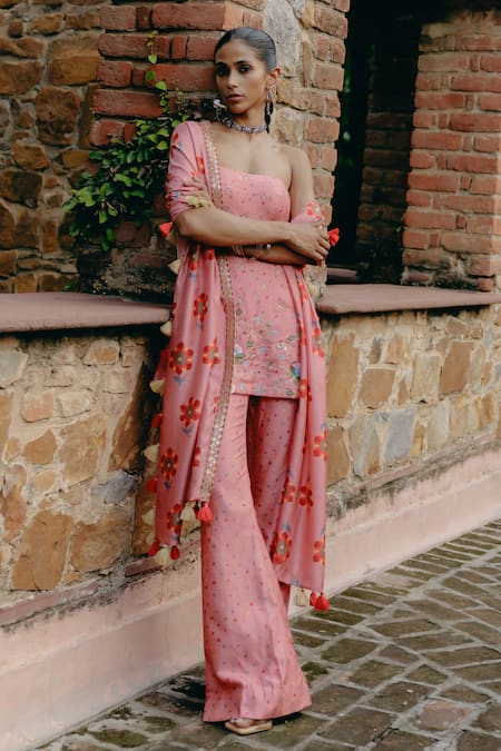 Shop_Drishti & Zahabia_Pink Silk, Crepe Sequins, Tassels Bandeau Neck Kalamkari Print Tube Tunic Set _Online_at_Aza_Fashions