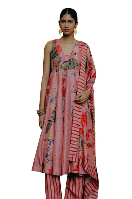 Buy_Drishti & Zahabia_Pink Silk, Crepe, Cotton Tassels V-neck Kalamkari Print Anarkali Set _Online_at_Aza_Fashions
