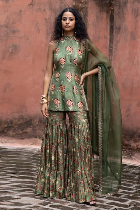 Drishti & Zahabia Green Kurta And Sharara Dupion Silk Hand Embroidered Aari Kalamkari Print Set 