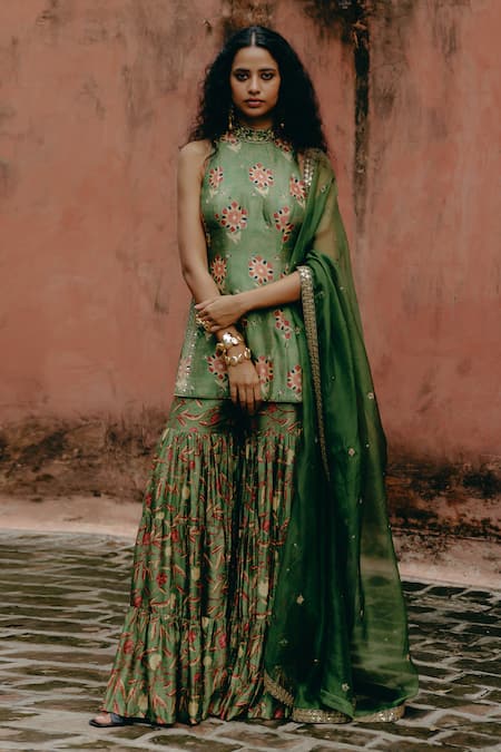 Drishti & Zahabia_Green Silk, Organza Sequins, Embroidery High Kalamkari Print Kurta Sharara Set _Online_at_Aza_Fashions