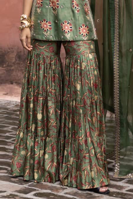 Buy_Drishti & Zahabia_Green Silk, Organza Sequins, Embroidery High Kalamkari Print Kurta Sharara Set _Online_at_Aza_Fashions