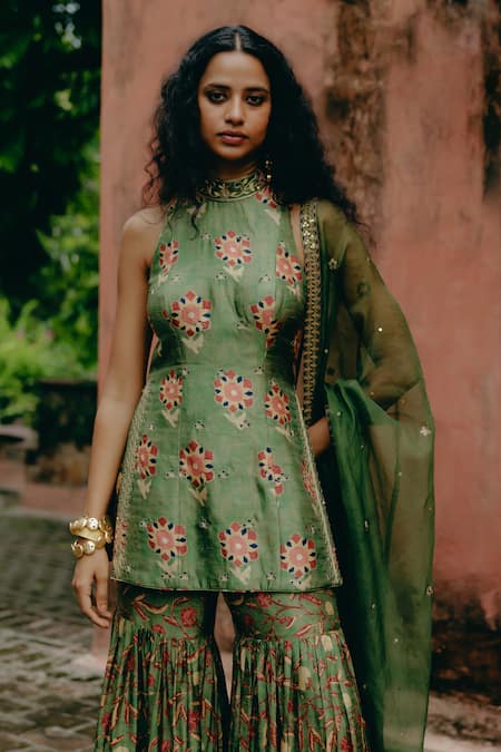 Shop_Drishti & Zahabia_Green Silk, Organza Sequins, Embroidery High Kalamkari Print Kurta Sharara Set _Online_at_Aza_Fashions