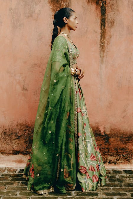 Drishti & Zahabia_Green Silk, Organza Sequins, Zari, Embroidery Plunge Hand Blouse Lehenga Set _Online_at_Aza_Fashions
