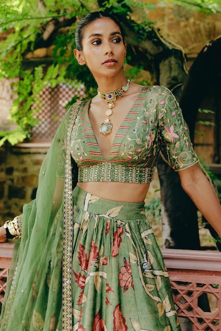 Buy_Drishti & Zahabia_Green Silk, Organza Sequins, Zari, Embroidery Plunge Hand Blouse Lehenga Set _Online_at_Aza_Fashions