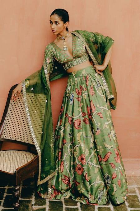 Shop_Drishti & Zahabia_Green Silk, Organza Sequins, Zari, Embroidery Plunge Hand Blouse Lehenga Set _Online_at_Aza_Fashions