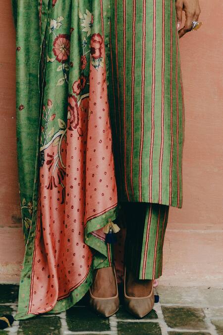 Drishti & Zahabia_Green Silk, Crepe Embroidery, Zari, Sequins Round Neck Hand Kurta Pant Set _Online_at_Aza_Fashions