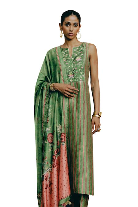 Buy_Drishti & Zahabia_Green Silk, Crepe Embroidery, Zari, Sequins Round Neck Hand Kurta Pant Set _Online_at_Aza_Fashions