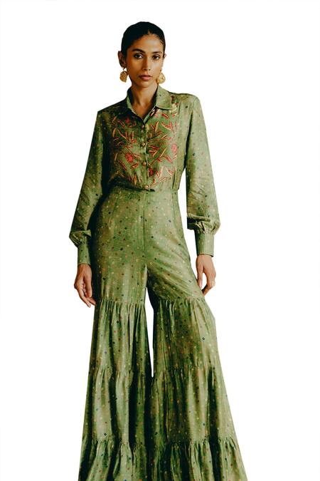 Shop Drishti & Zahabia Green Silk, Crepe Embroidery Collared Kalamkari Print Shirt With Sharara Online at Aza Fashions Shop_Drishti & Zahabia_Green Silk, Crepe Embroidery Collared Kalamkari Print Shirt With Sharara _Online_at_Aza_Fashions