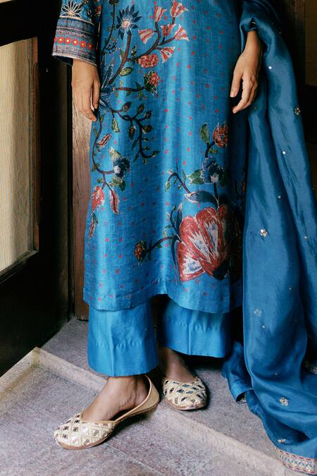 Shop_Drishti & Zahabia_Blue , Organza, Chanderi Sequins, Zari Hand Embroidered Kurta Set _Online_at_Aza_Fashions