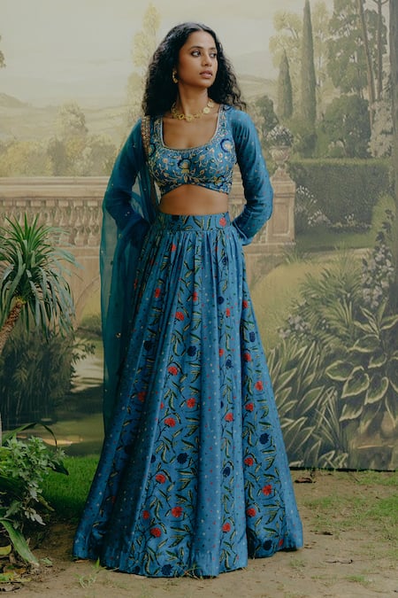 Drishti & Zahabia_Blue Silk, Crepe, Organza Sequins, Kalamkari Print Lehenga Set With Dupatta _Online_at_Aza_Fashions