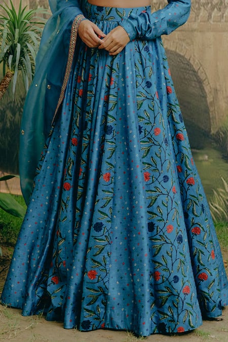 Buy_Drishti & Zahabia_Blue Silk, Crepe, Organza Sequins, Kalamkari Print Lehenga Set With Dupatta _Online_at_Aza_Fashions