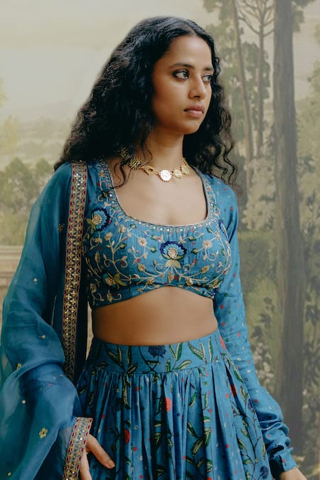 Shop_Drishti & Zahabia_Blue Silk, Crepe, Organza Sequins, Kalamkari Print Lehenga Set With Dupatta _Online_at_Aza_Fashions