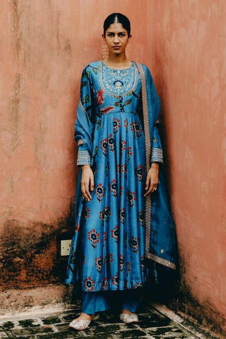 Drishti & Zahabia Blue Anarkali Dupion Silk Hand Embroidered Aari Round Kalamkari Print Pant Set 