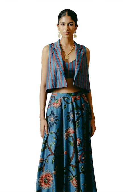 Drishti & Zahabia Blue Silk, Crepe Embroidery Sweetheart , Open Kalamkari Print Skirt Set Online at Aza Fashions Drishti & Zahabia_Blue Silk, Crepe Embroidery Sweetheart , Open Kalamkari Print Skirt Set _Online_at_Aza_Fashions