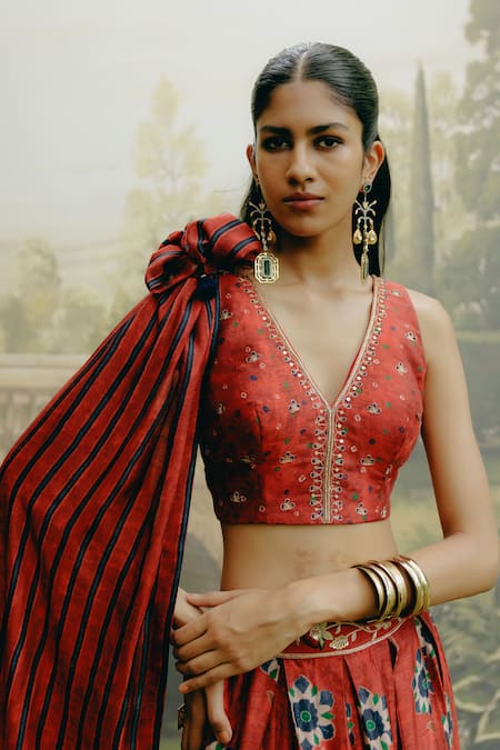 Shop_Drishti & Zahabia_Red Silk, Crepe Sequins, Zari V-neck Box Pleat Printed Lehenga Set _Online_at_Aza_Fashions