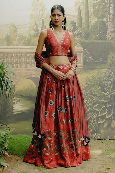Drishti & Zahabia_Red Silk, Crepe Sequins, Zari V-neck Box Pleat Printed Lehenga Set _at_Aza_Fashions