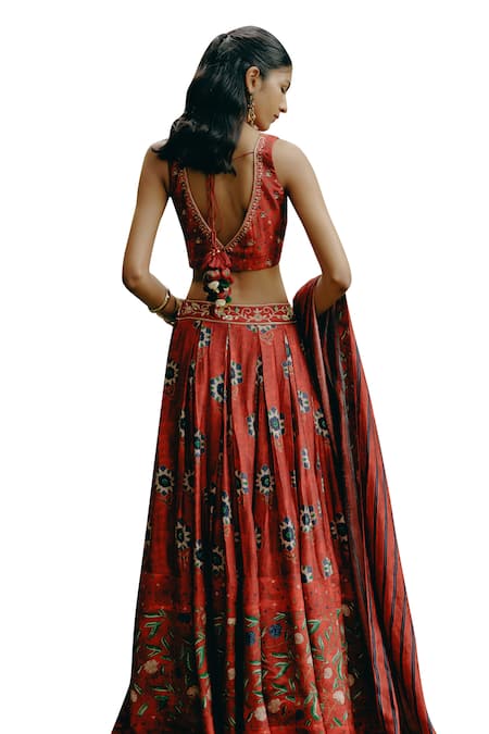 Shop_Drishti & Zahabia_Red Silk, Crepe Sequins, Zari V-neck Box Pleat Printed Lehenga Set 