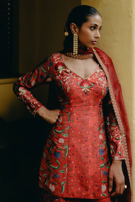 Drishti & Zahabia_Red Silk, Crepe, Organza Sequins, Embroidery V-neck Hand Kurta Sharara Set _Online_at_Aza_Fashions