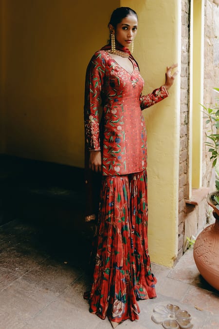 Shop_Drishti & Zahabia_Red Silk, Crepe, Organza Sequins, Embroidery V-neck Hand Kurta Sharara Set _Online_at_Aza_Fashions