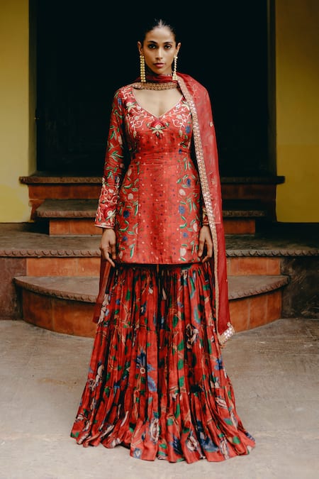 Drishti & Zahabia_Red Silk, Crepe, Organza Sequins, Embroidery V-neck Hand Kurta Sharara Set _at_Aza_Fashions