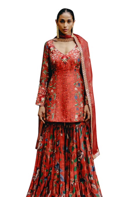 Shop_Drishti & Zahabia_Red Silk, Crepe, Organza Sequins, Embroidery V-neck Hand Kurta Sharara Set 