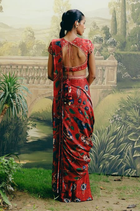 Drishti & Zahabia Kalamkari Print Pre-Draped Saree With Blouse 