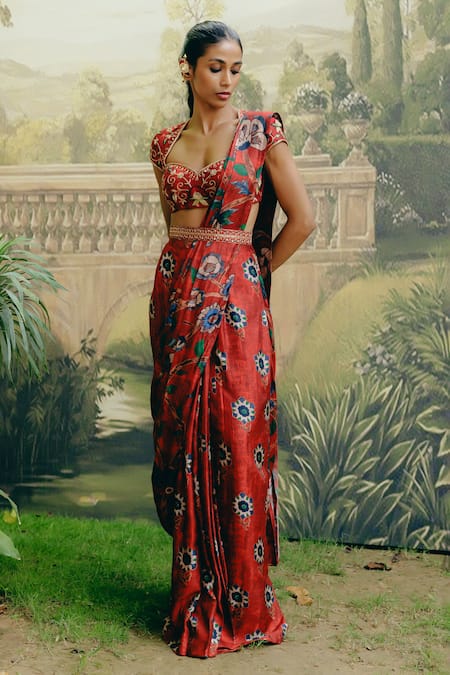 Buy_Drishti & Zahabia_Red Silk, Crepe Sequins, Zari, Kalamkari Print Pre-draped Saree With Blouse _Online_at_Aza_Fashions